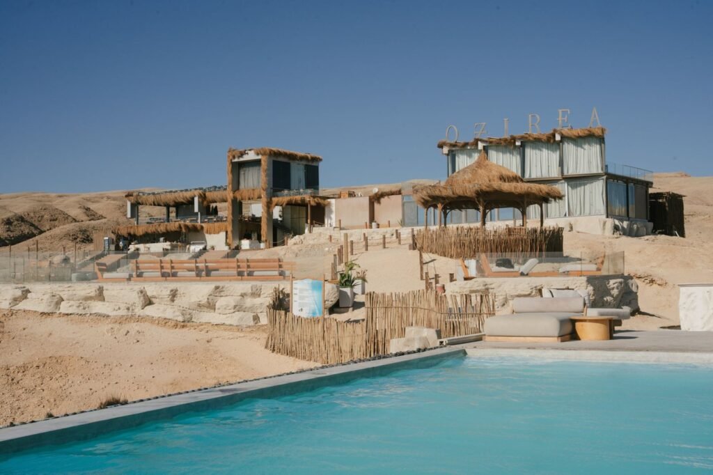 Pool and beach club buildings on Ozirea Island