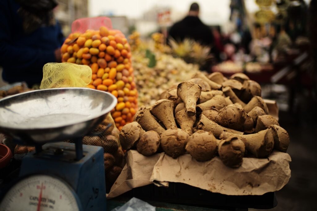 Market stall with dates and spices at a bazaar in Egypt