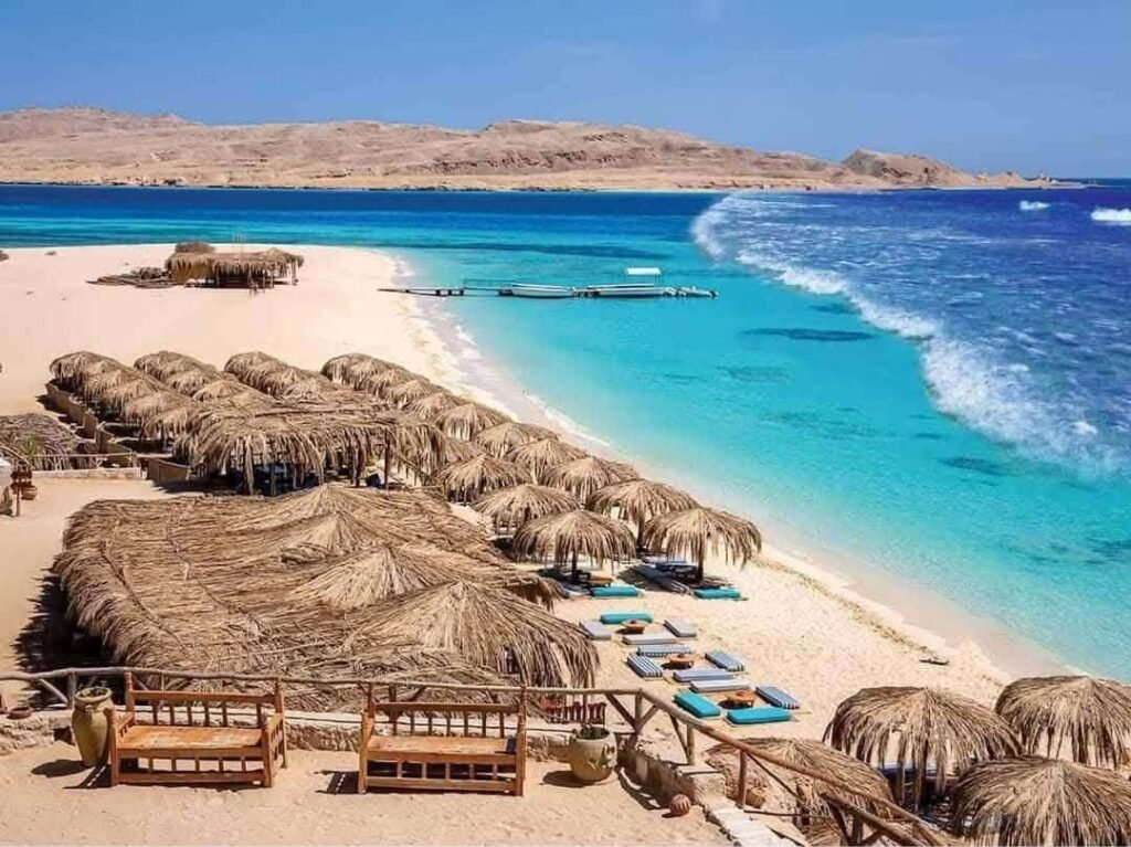 Beach and sunshades on Giftun Island near Hurghada
